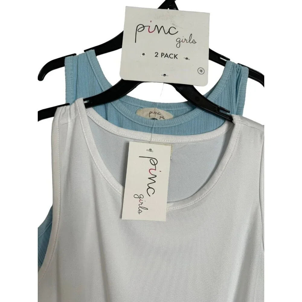 NWT BUNDLE of 2 Pinc Girls T-Shirt 16 White Blue Ribbed Sleeveless Tee Tops